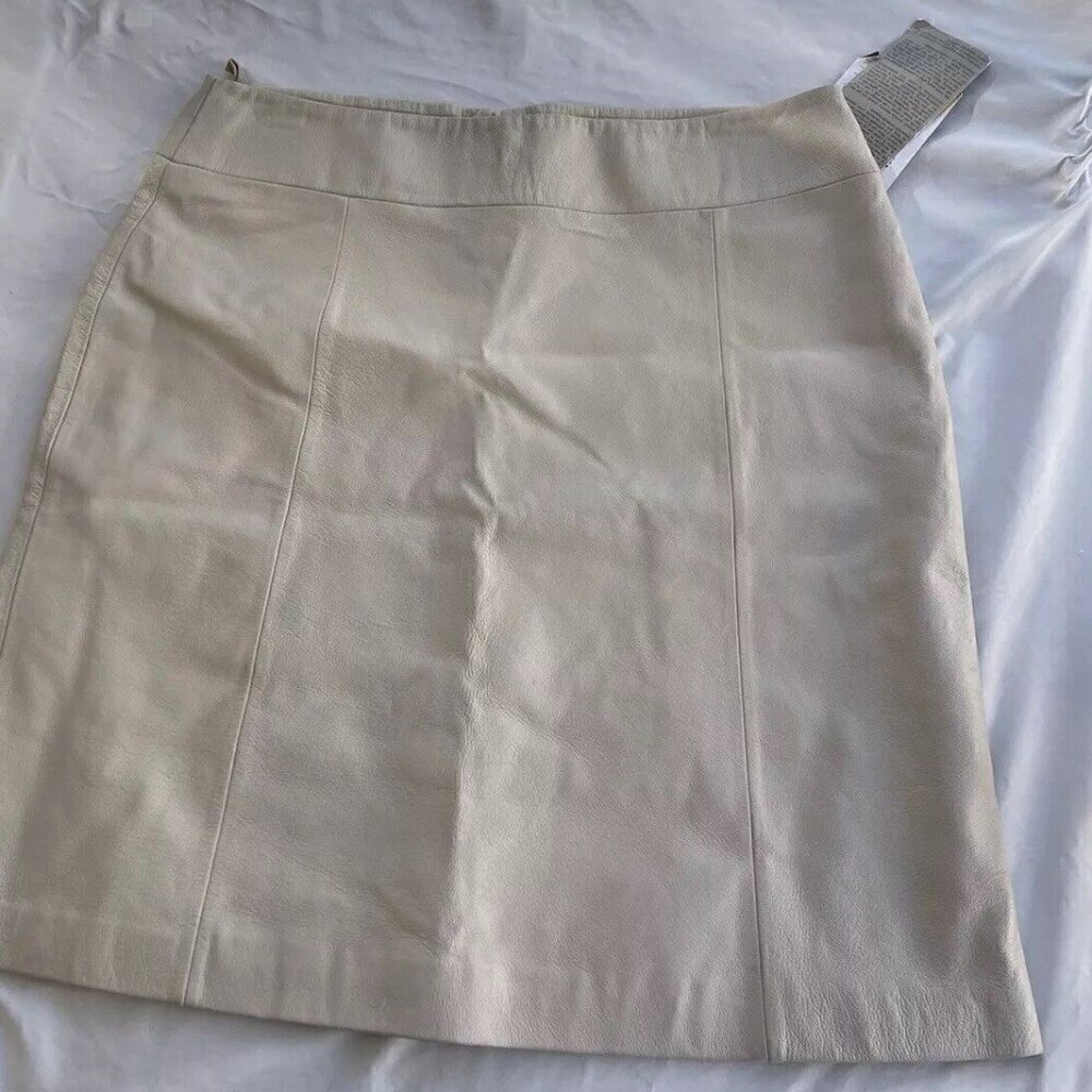 Vintage Women’s Midnight Velvet Cream White Brown Leather Skirt Sz 14 NWT